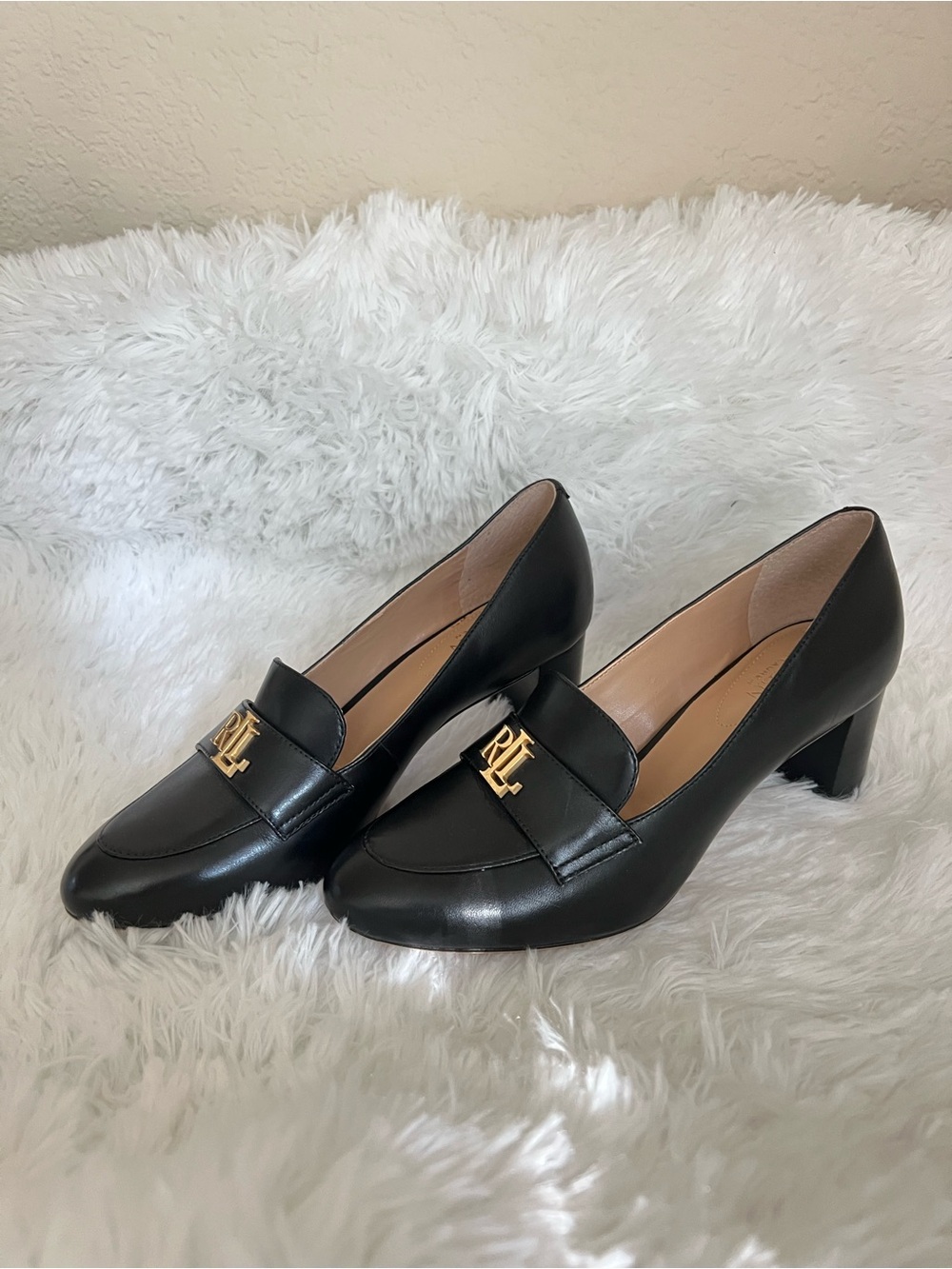 EUC Ralph Lauren Black Leather Heel Loafers with Gold RL Hardware
